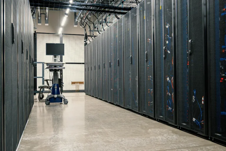 Interior view of a clean, modern server room with long rows of server racks for high-performance e-commerce hosting.